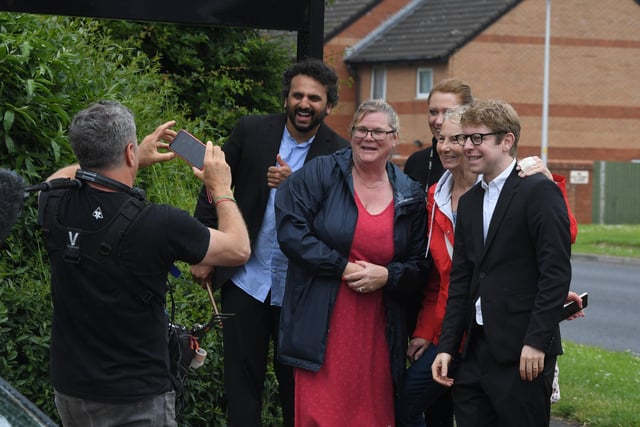 Josh Widdicombe and Nish Kumar pose for a picture at Blackpool & Fylde College as they hunt for Boris Johnson