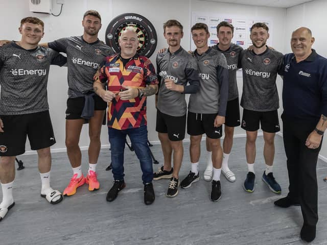 Blackpool's players met Peter Wright and PDC referee Russ Bray at Squires Gate Picture: Taylor Lanning/PDC