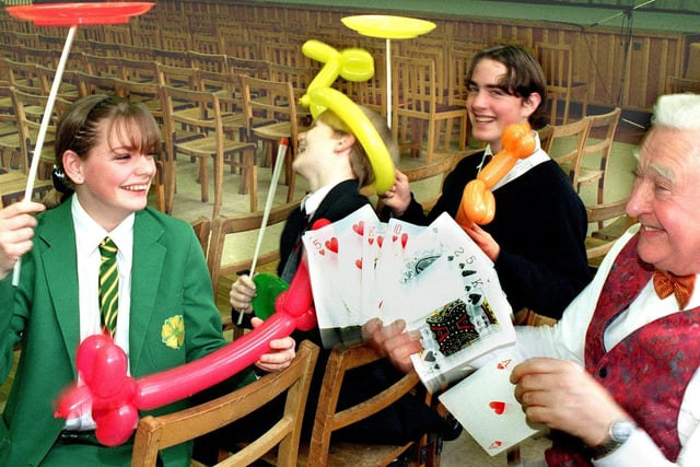 Andrew Seaton and Lee Terrell from Warbreck joined Claire Terrell from Greenlands High School to meet professional magician Steve Corrin, 1998