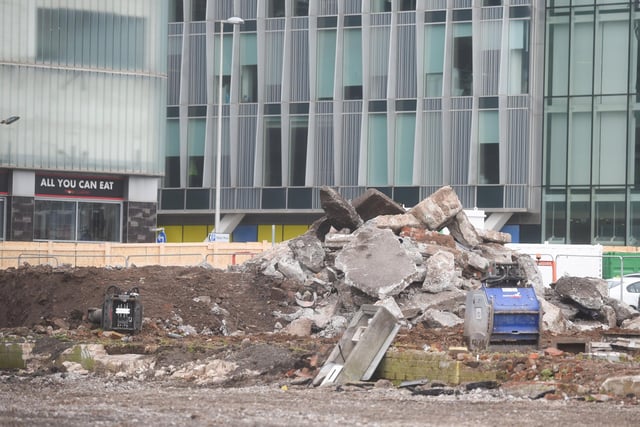 Debris piles up on the King Street site in Blackpool where the new Civil Service office will be situated.