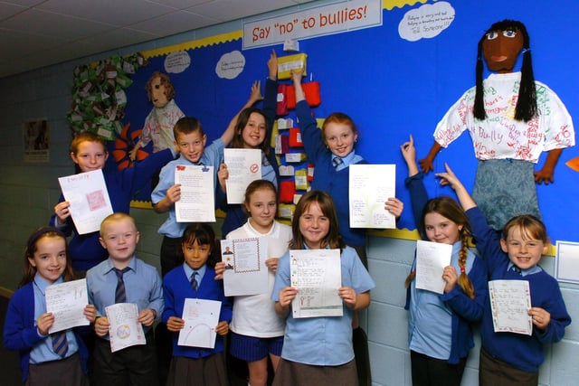 Prize winners from the poetry competition part of their "Say No to Bullies" project at Layton Primary school, Blackpool. Back (from left) Hayden McIlroy, Jordan Brown, Hollie Threlfall, and Amy Markland. Front (from left) Olivia Cunningham, Callum Leeming, Aaliyah Brown, Shannon Harrison, Laura Miller, Chynna Wright, and Aimee Collins