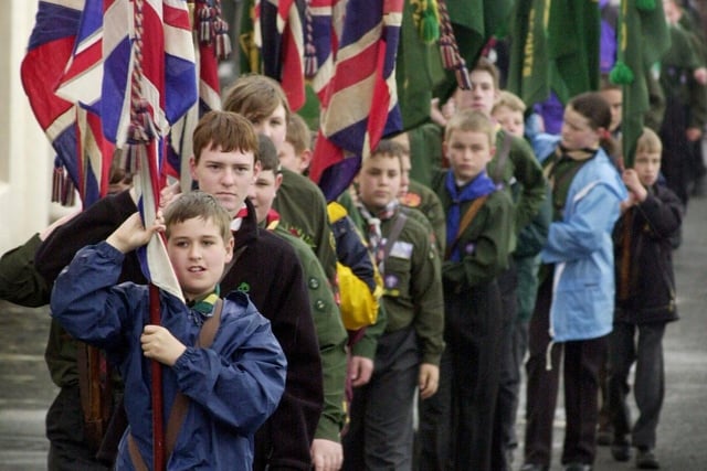 Marching to fly the flag for St George's Day - Blackpool Scouts in 2001