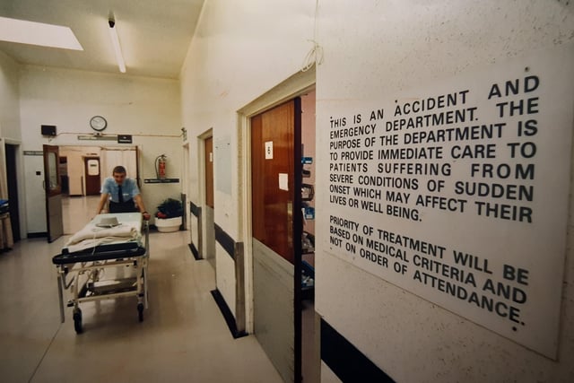The caption on the back of this 1991 photo reads: 'Everything from bee stings to motorwary pile-ups are treated at Blackpool Victoria Hospital's casualty unit. But the department itself is in need of treatment as it helps double the number of patients for which it was intended'