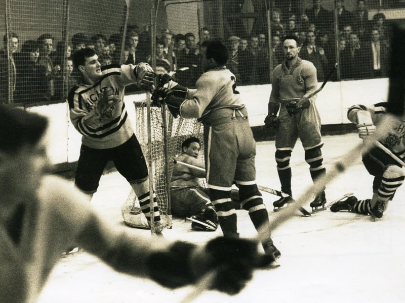 Blackpool Seagulls ice hockey v Brighton in 1960. James Dunlop standing on the right