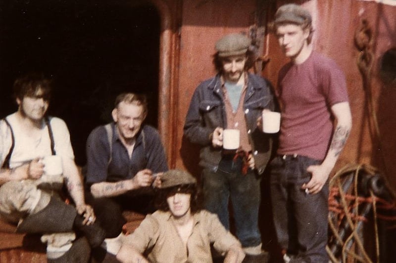 Fleetwood fishermen taking a tea break at sea. From left: Colin Pirie, Larry Larsen, Mick Dalton and Keith Robinson. Sitting at the front is Ian Fisher