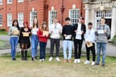 AKS pupils celebrating (L to R): Muskaan Mehta, Alicia Cooney, Charlotte Asquith, Grace Smythe, John Barraclough, Wasay Naeem, Ben Stanhope, Amjad Diab, Edward Thomson