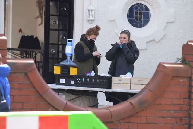 Crew members taking a refreshment break during filming in Empress Drive, Blackpool today (Tuesday, April 19)