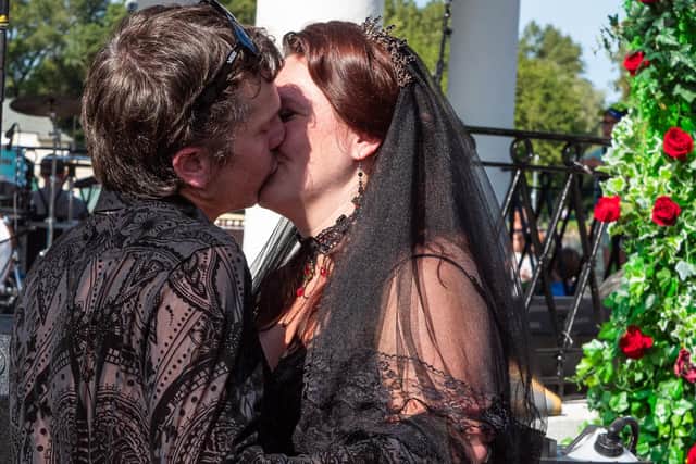 Dave Byrne and his wife Paris, celebrating on stage at the Stanley Park bandstand. Photos by Elizabeth Gomm