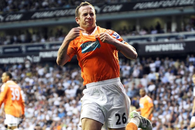 Adam celebrates after scoring Blackpool's goal during their 1-1 draw against Spurs at White Hart Lane