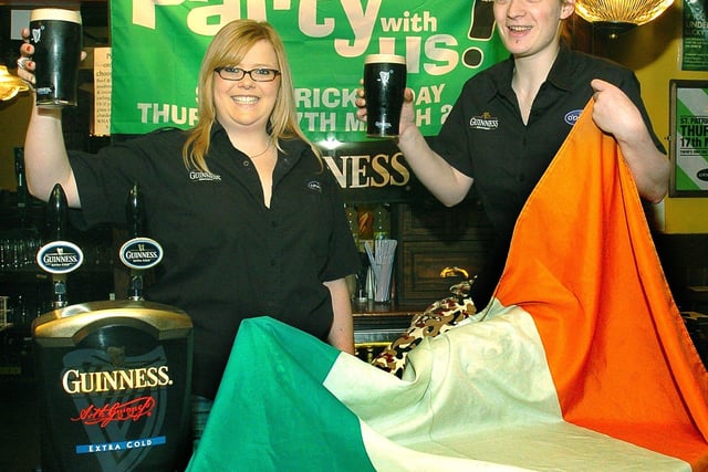 St Patrick's Day celebrations at O'Neill's, Talbot Road, 2005. Pictured are bar staff Charlie Hardy (left) and Nicole Cann