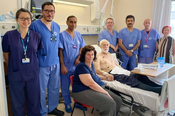 The Structural Intervention Team at Blackpool Victoria Hospital with patient Roger Leeson and wife Irene