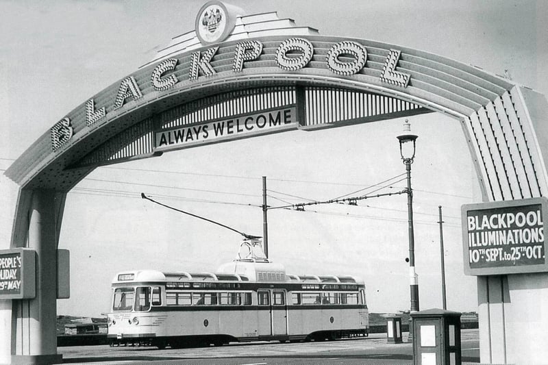 The Blackpool arch in 1954 with tramcar Coronation 328 in the background