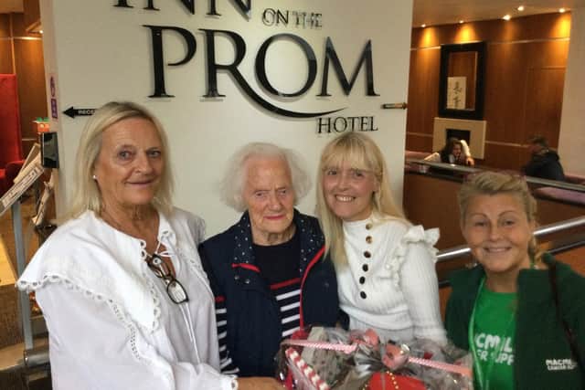 Mandy Croston, the Inn on The Prom director’s wife, and her mum 95-year-old Joan Howarth (who makes the hampers), with duty manager Debbie Spencer and Macmillan Fundraising Manager, Louise Osgood