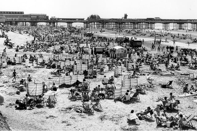 Blackpool's Central Beach with deckchairs and wind breakers pictured in the late 1970s. It was at a time when you could watch a hi-tech cinema show inside a domed tent on Central Pier