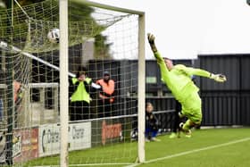 Oxford City keeper Tom Watson is unable to keep out Nick Haughton's free-kick that gave AFC Fylde victory in their National League meeting at Mill Farm Picture: Steve McLellan