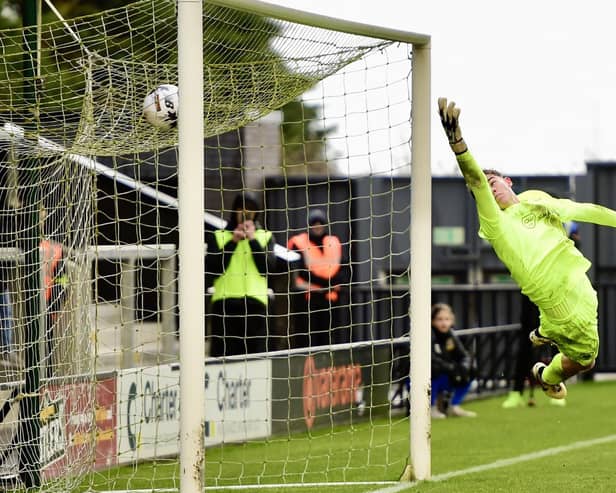 Oxford City keeper Tom Watson is unable to keep out Nick Haughton's free-kick that gave AFC Fylde victory in their National League meeting at Mill Farm Picture: Steve McLellan