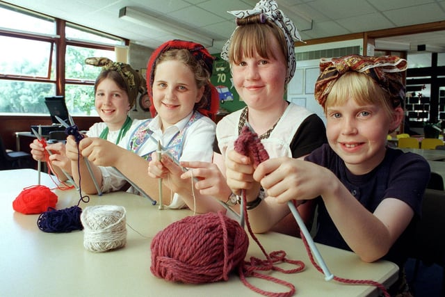 Britain since the 1930's day at Hall Park Primary School, Lytham. Knitting for the troops, from left, Rebecca Lathwood, Elly Jackson, Eleanor Reed and Jenny Slee.