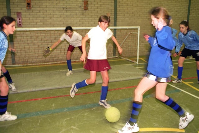 On the defence from Collegiate's attack during the five a side Wagon Wheels football tournament in 1996