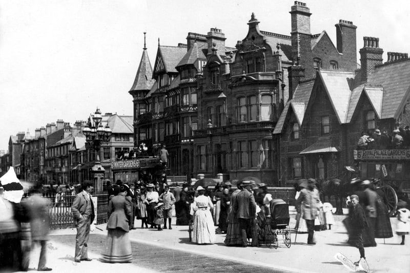 An injured soldier and a nanny with a baby carriage are among those enjoying the Promenade close to it's junction with Station Road , South Shore in the 1880s
