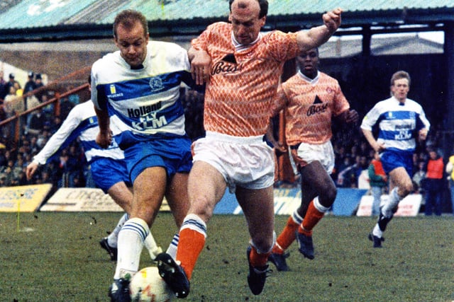 Colin Methven for Blackpool FC against QPR's Colin Clarke in 1990. He was voted Player of the Year for two consecutive years by Blackpool's fans