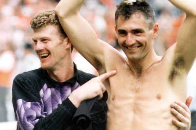 Wembley heroes Dave Bamber (right) and  Steve McIlhargey, pictured here by The Gazette after the match in 1992, were both guests at the 30th anniversary dinner
