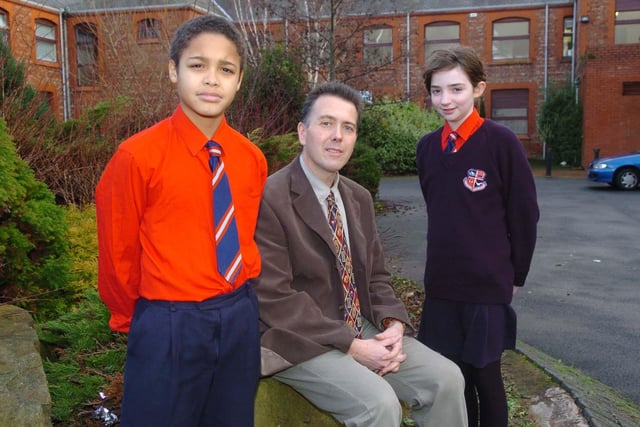 Headteacher Rob Guinney with pupils Josiah Miller (10) and Elizabeth Smith (10) at Emmmanuel Christian School in Blackpool, 2008
