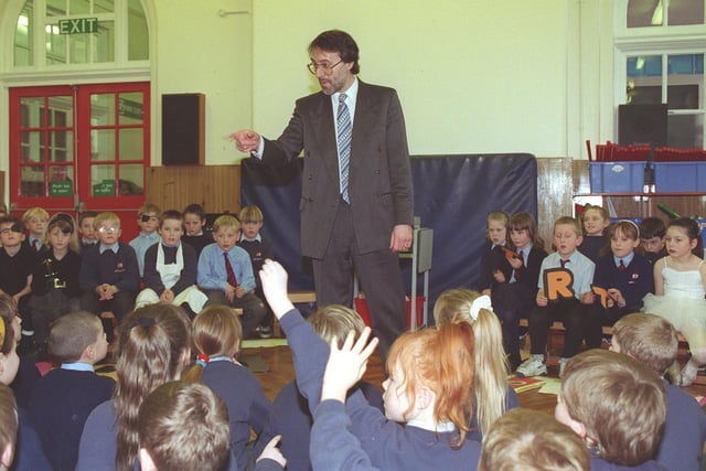 Headteacher Neil Hodgkins at Devonshire Junior School taking an assembly in 1997