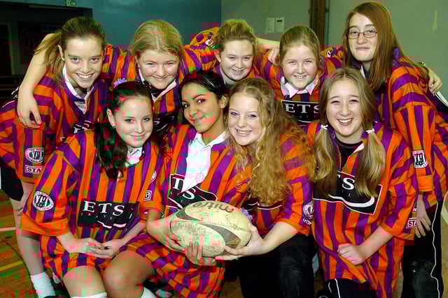 Montgomery High School (Bispham) girls rugby league team. Back, from left, Emma Hughes, Kim Pinington, Danielle Bentley, Ashleigh Loco, Linzi Hull. Front, from left, Hannah Wrigley, Sara Benjil, Alex Smith (captain) and  Hannah Walsh