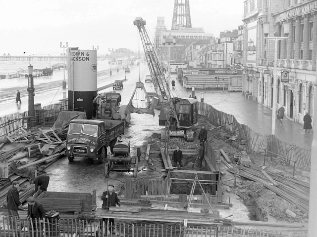 Work in progress on Blackpool's first subway on Central Promenade close to the Huntsman Hotel in 1958. The underground walkway ran from Fairyland ( next to the Huntsman Hotel seen here on the left) to the lifeboat house