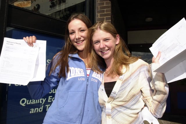 19-year-old Rachel Coggin (left) with her friend 17-year-old Louise Little celebrate their exam results at Blackpool and The Fylde College