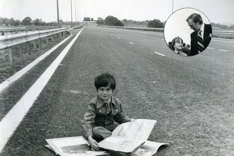 Simon Alan Teale, eight, of Summerville Ave, Staining, who collected as many cuttings about the M55 motorway from local and national newspapers as he could find. he was even able to monitor how the construction had been done, having received technical info, maps and data from the construction consortium Sir Alfred McAlpine and Son - pic taken on the day the M55v was opening.
Inset pic: Karl Turner, of Ribble Crescent, Kirkham, aged seven, meeting the Parliamentary Under Secretary Of State Neil Carmichael when he performed the opening of the M55. They chatted about the new road and fast cars