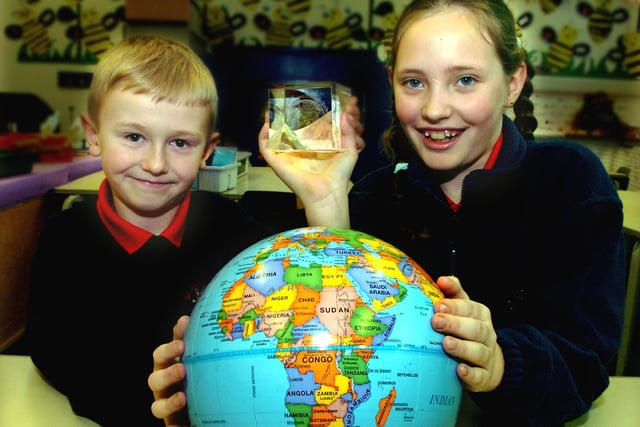 Bethany Egan (10) and Morgan Shand (8) of St John's CE Primary School in 2008. The school had won International Award for links with overseas schools