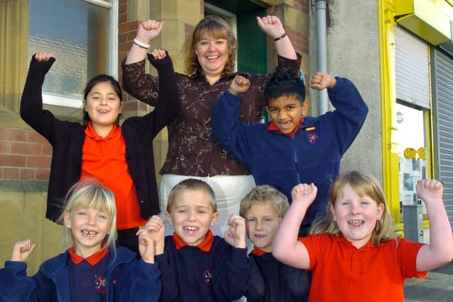 St Johns CE Primary School, Church Street, Blackpool, celebrate being funded for a new school. Headteacher Jo Snape (back) is pictured with Katie Russell and Sachith Karunatilake (both at the back). Front, from left, Kayleigh Stanton, Thomas Talbot, Jordan Worrall, and Eleanor Parnell