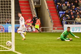 Nick Haughton gives AFC Fylde the lead at Oldham Athletic Picture: Steve McLellan