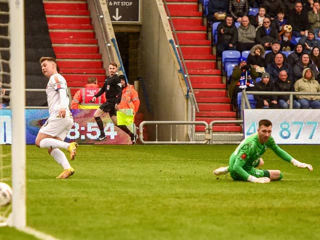 Nick Haughton gives AFC Fylde the lead at Oldham Athletic Picture: Steve McLellan