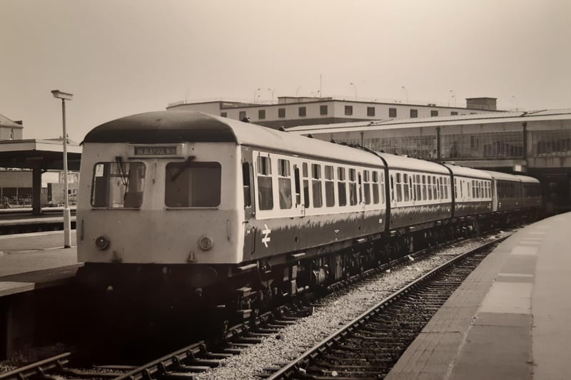 An old diesel engine powers out of Blackpool North 1983