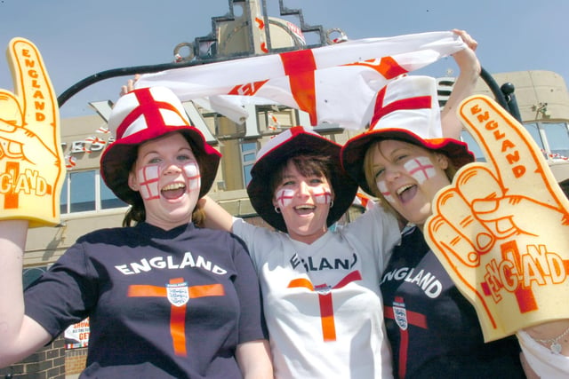 Amy Hirrill, Lucy Guy and Natasha Barrett of Yates' South Shore getting into the Euro 2008 football spirit