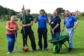 The team from ROC  Garden Blackpool, after their win.    Left to right : Mary Greenwood Secretary of the Friends of Bridge Farm Recreation Park, James Baker ROC Garden Project,  Danny Bowles Wickes Blackpool store operation manager, Neal Brookes Labour councillor for Hawes Side Ward, Dan Walsh Blackpool store manager. Photo: Alice Mercer