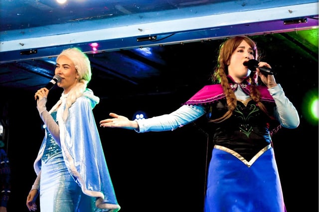 'Elsa' and 'Anna' from Frozen entertain the crowds at St Annes Christmas lights switch-on. Picture: Esther Parkinson.