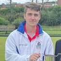 Anthony Booth-Young with former Bowls Lancs president John Benvie