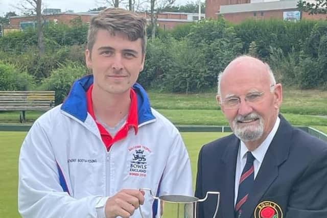 Anthony Booth-Young with former Bowls Lancs president John Benvie
