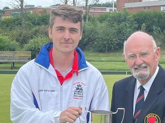 Anthony Booth-Young with former Bowls Lancs president John Benvie