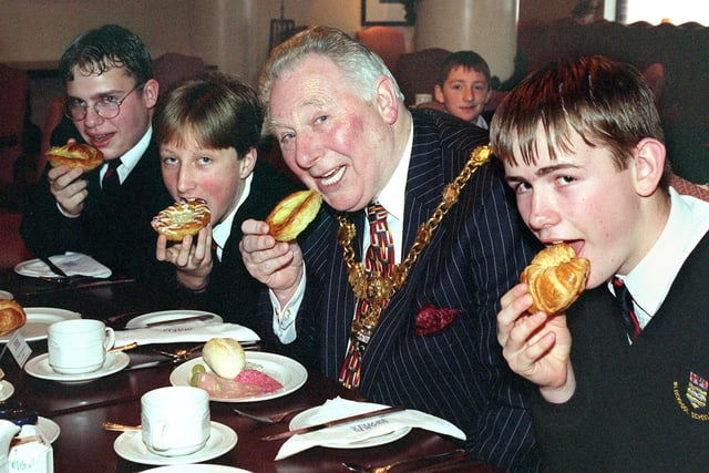 The Mayor of Blackpool Councillor Henry Mitchell enjoying his Euro-breakfast with Warbreck High School pupils, from left, Jon Cartmell, Tom Bevan and Ciaran Donnelly, at the Stakis Hotel, 1998