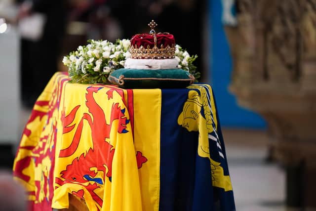 The Crown of Scotland sits atop the coffin of Queen Elizabeth II during a Service of Prayer and Reflection for her life at St Giles' Cathedral, Edinburgh