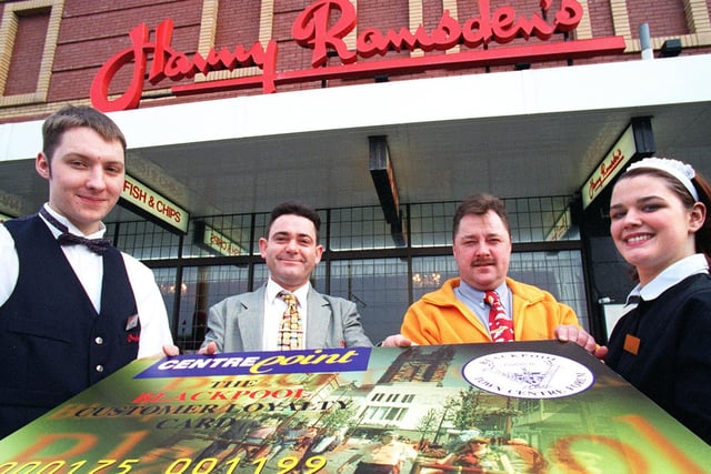 Harry Ramsden's Fish and Chip Restaraunt on Blackpool Promenade. L-R Colin Dowding, Harry Ramsden's manager Mark Cody, Centrepoint manager Keith Mayren and Bev Roberts