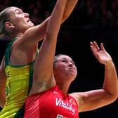 Eleanor Cardwell battles for the ball with Australia's Courtney Bruce during the Vitality Netball Nations Cup final at Leeds' First Direct Arena Picture: George Wood/Getty Images