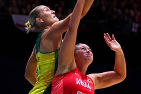 Eleanor Cardwell battles for the ball with Australia's Courtney Bruce during the Vitality Netball Nations Cup final at Leeds' First Direct Arena Picture: George Wood/Getty Images