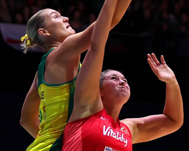 Eleanor Cardwell battles for the ball with Australia's Courtney Bruce during the Vitality Netball Nations Cup final at Leeds' First Direct Arena Picture: George Wood/Getty Images