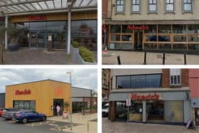 From top left clockwise: Nando's in Deepdale Retail Park, on Market Place in Preston, Church Street in Blackpool and in Squires Gate.
