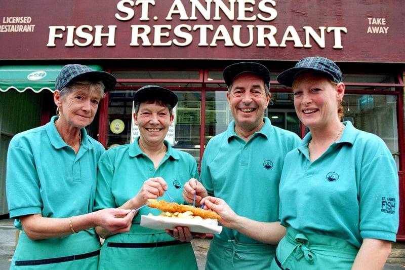 The St Annes Fish restaurant in St Andrews Road South was one of only three chippies in the North of England to be nominated for the Sea Fish Authority chippy of the year.
Pic shows staff with a celebratory fish and chips, L-R: Francine Noble, Dorothy Halliwell, owner Stephen Bellamy, and Francine Banks, 1997
